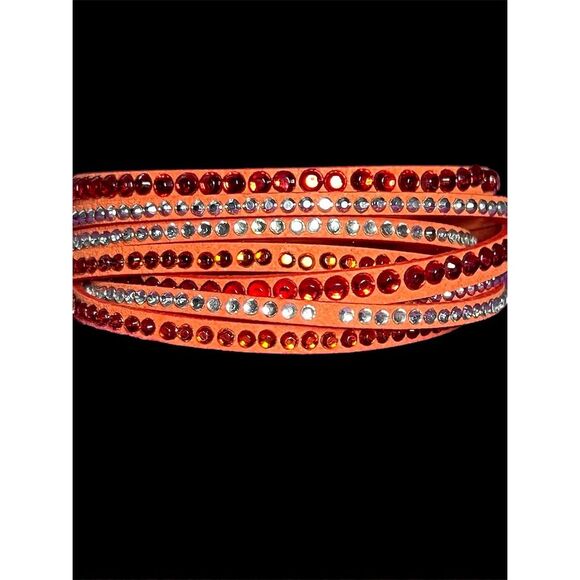 Jewelry - Women's Orange Leather Wrap Bracelet with Rhinestones Adjustable Snap Cl…